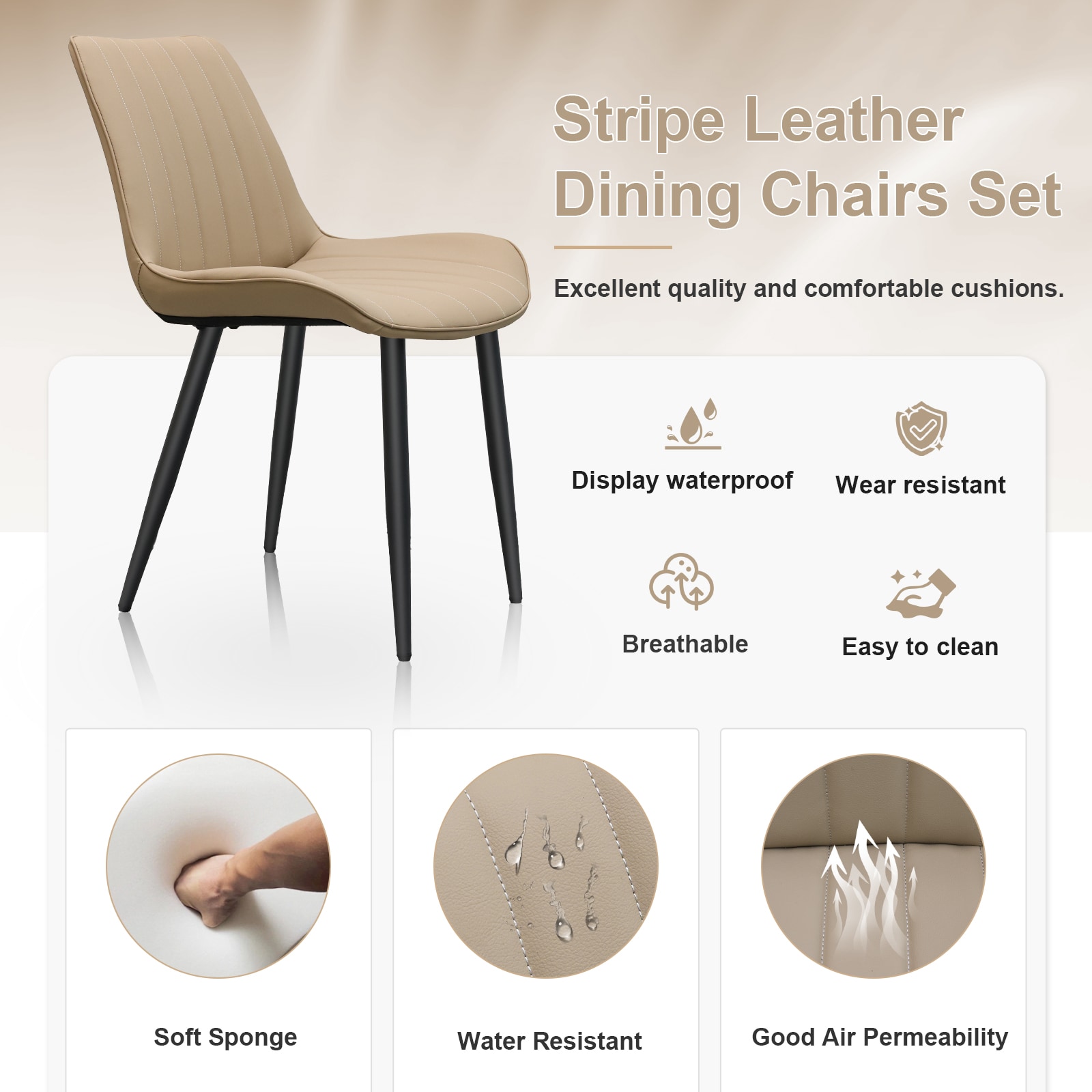 Khaki PU Leather Dining Chair With Metal Legs, Wave Pattern Upholstered Armless Chair Set Of 4 For Kitchen, Restaurant, Living, Meeting Room_voghion.com